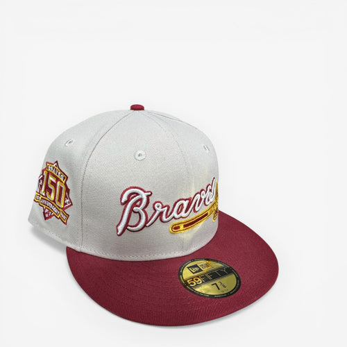 METRO Atlanta Braves 150th Anniversary fitted hat in stone with scarlet embroidery and maroon brim. Features 150th patch.