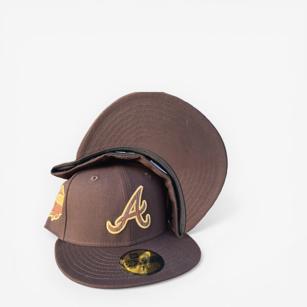 Brown New Era fitted cap with gold A logo and patch, hats, fitted caps