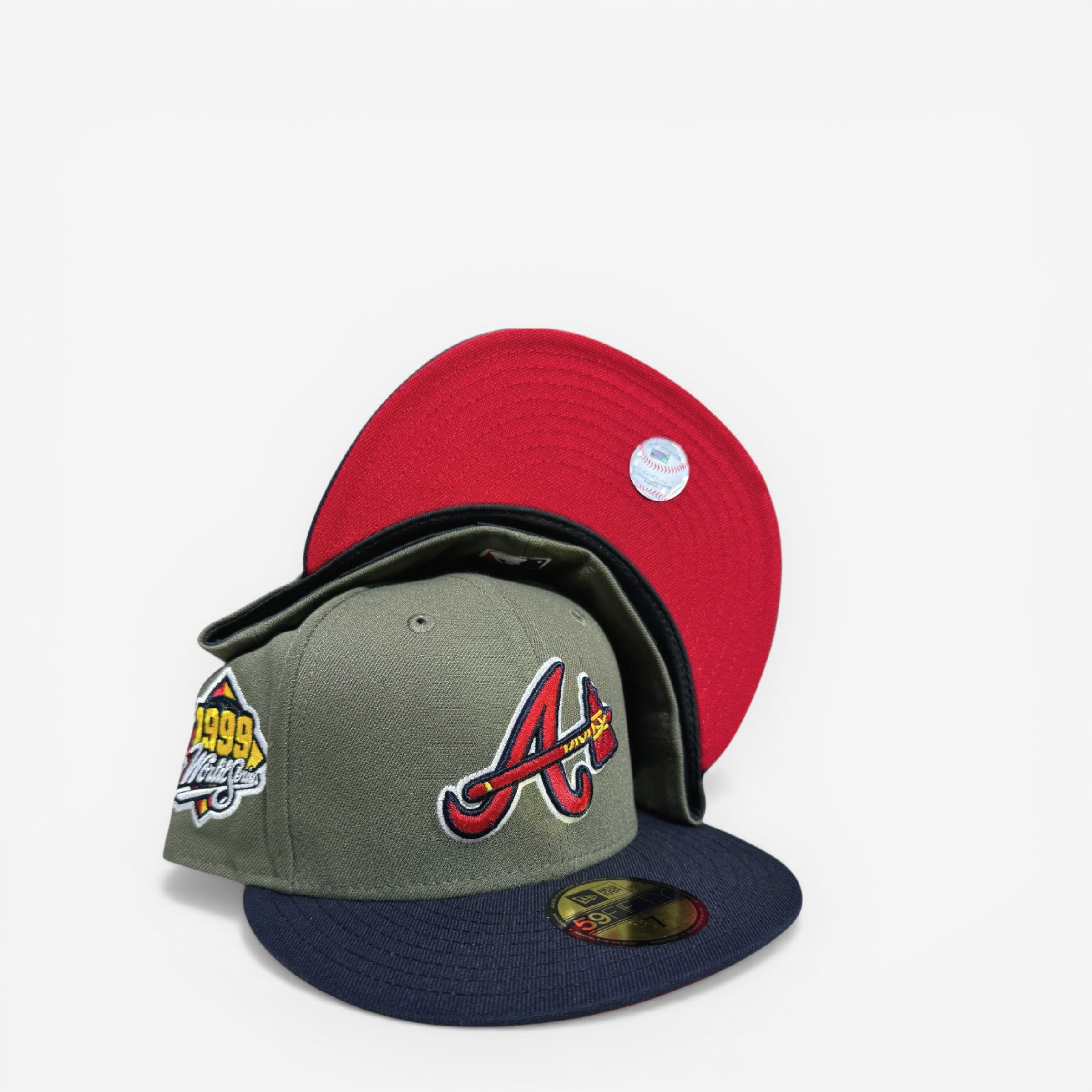 METRO Atlanta Braves 1999 World Series fitted hat in olive with red accents and a navy brim. Features 1999 World Series patch.