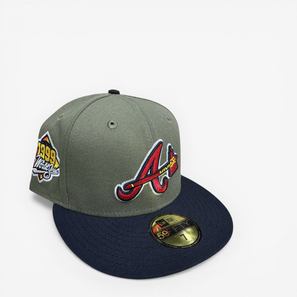 METRO Atlanta Braves 1999 World Series fitted hat in olive with red logo and navy brim. Features 1999 World Series patch.