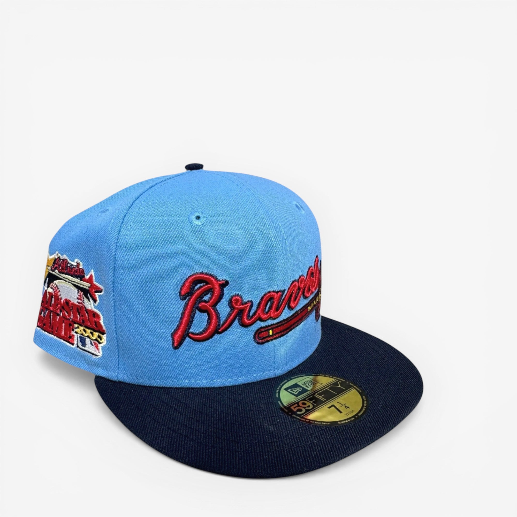 New Era fitted cap, light blue crown, dark brim, All-Star Game and Braves embroidered, hats