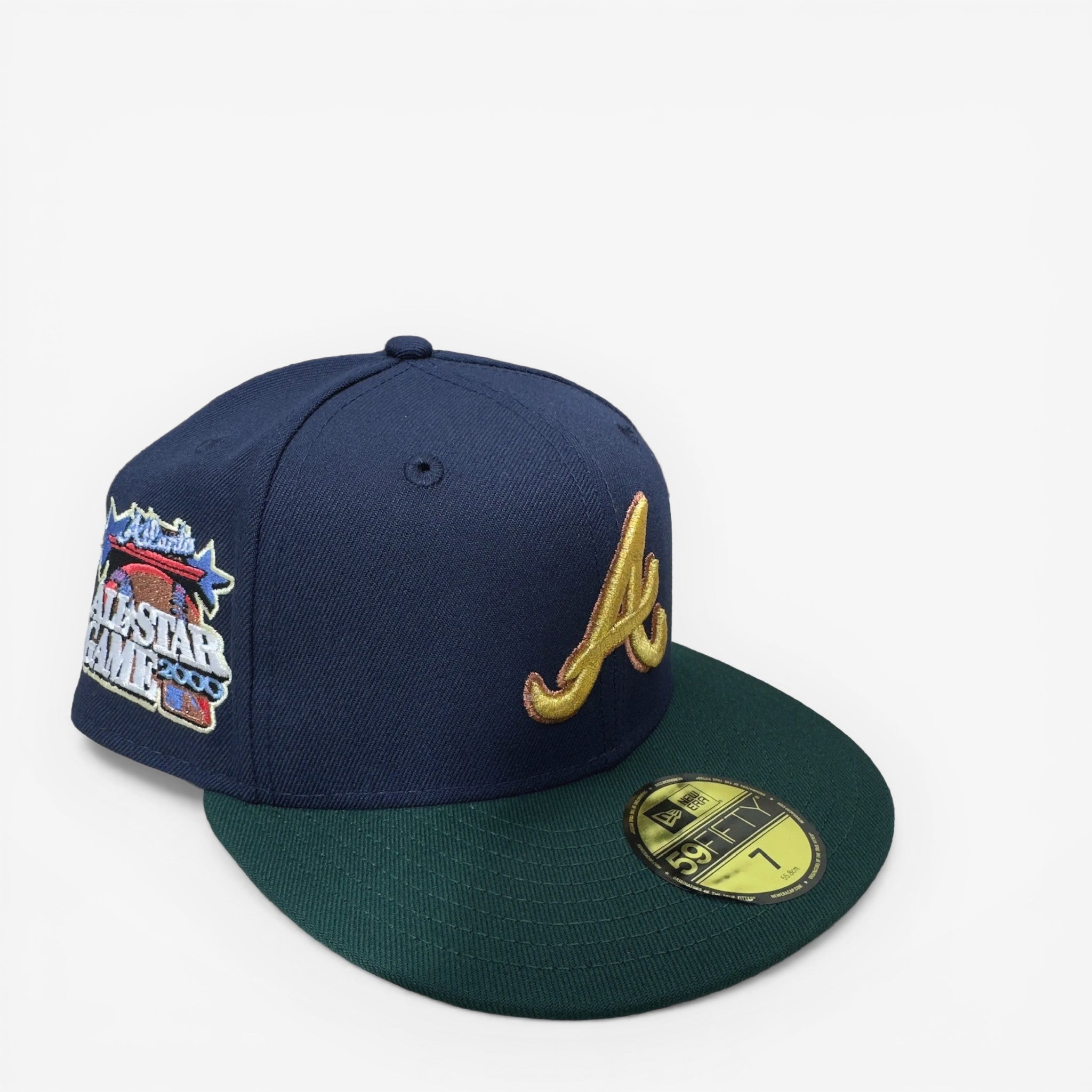 METRO Atlanta Braves 2000 All-Star Game navy fitted hat with gold 'A' logo and green brim. Features commemorative patch.