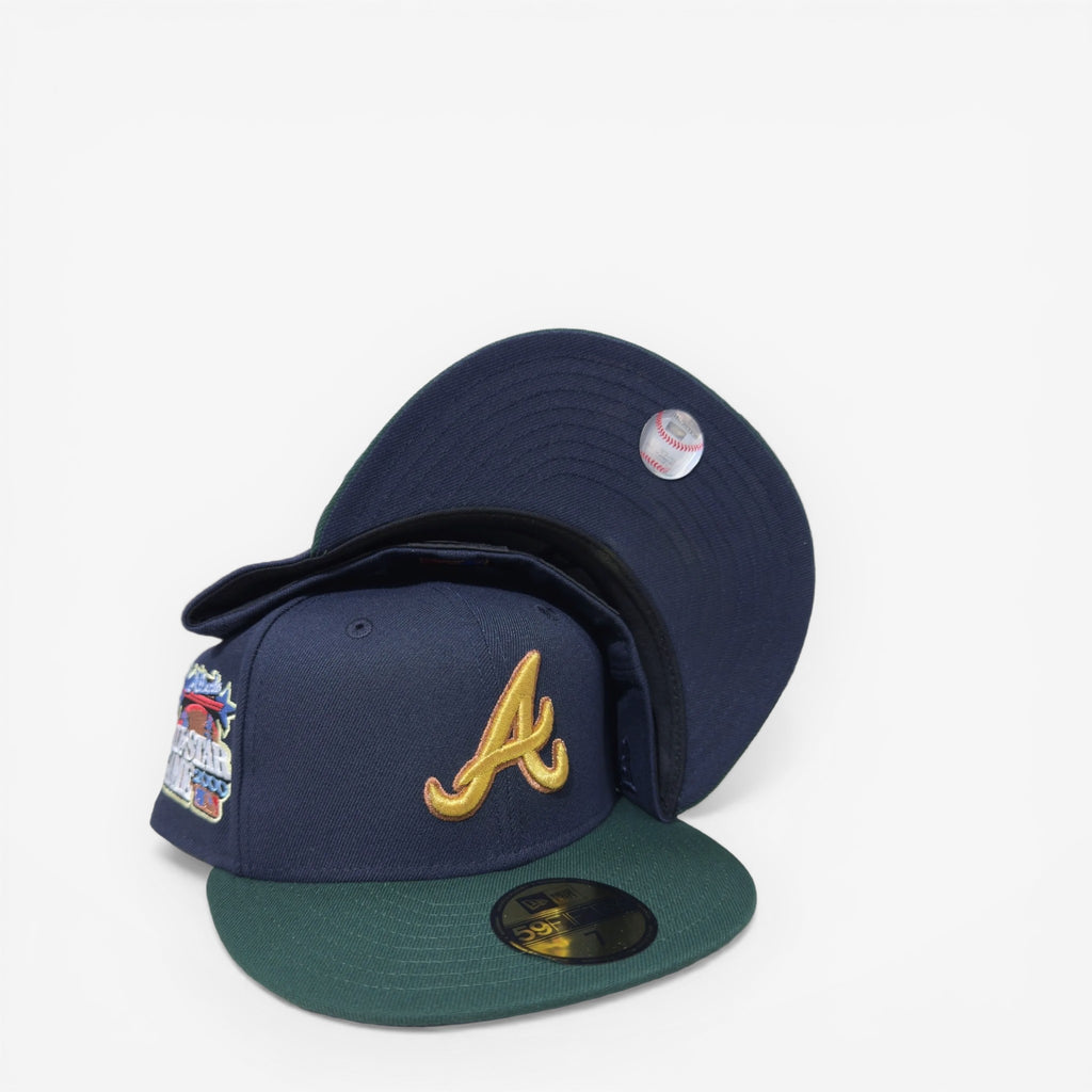 METRO Atlanta Braves 2000 All-Star Game navy blue fitted hat with gold 'A' logo and green brim.