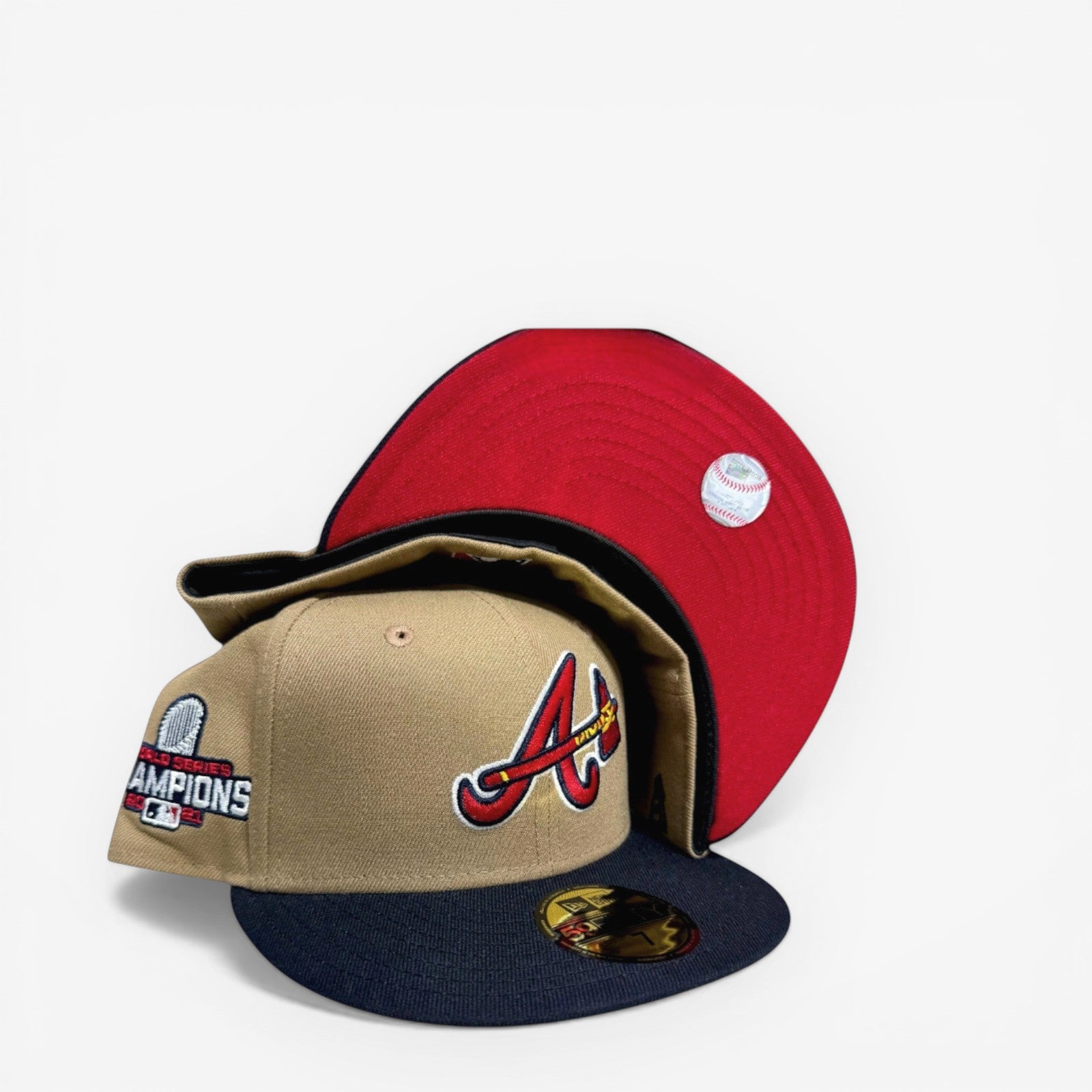 METRO Atlanta Braves 2021 World Series Khaki fitted hat with navy brim, red underbrim, and embroidered logo.