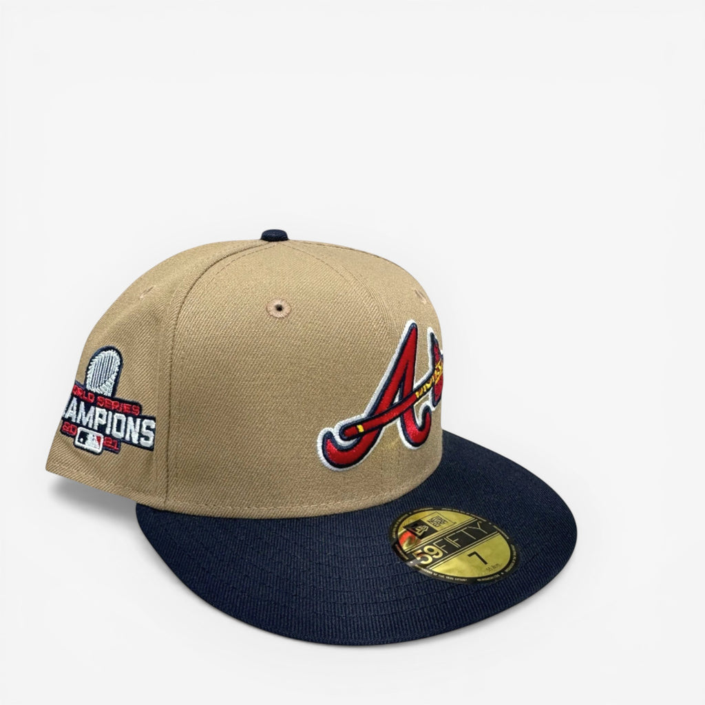 METRO Atlanta Braves 2021 World Series Khaki fitted hat with navy brim and red UV underbrim. Features championship patch.