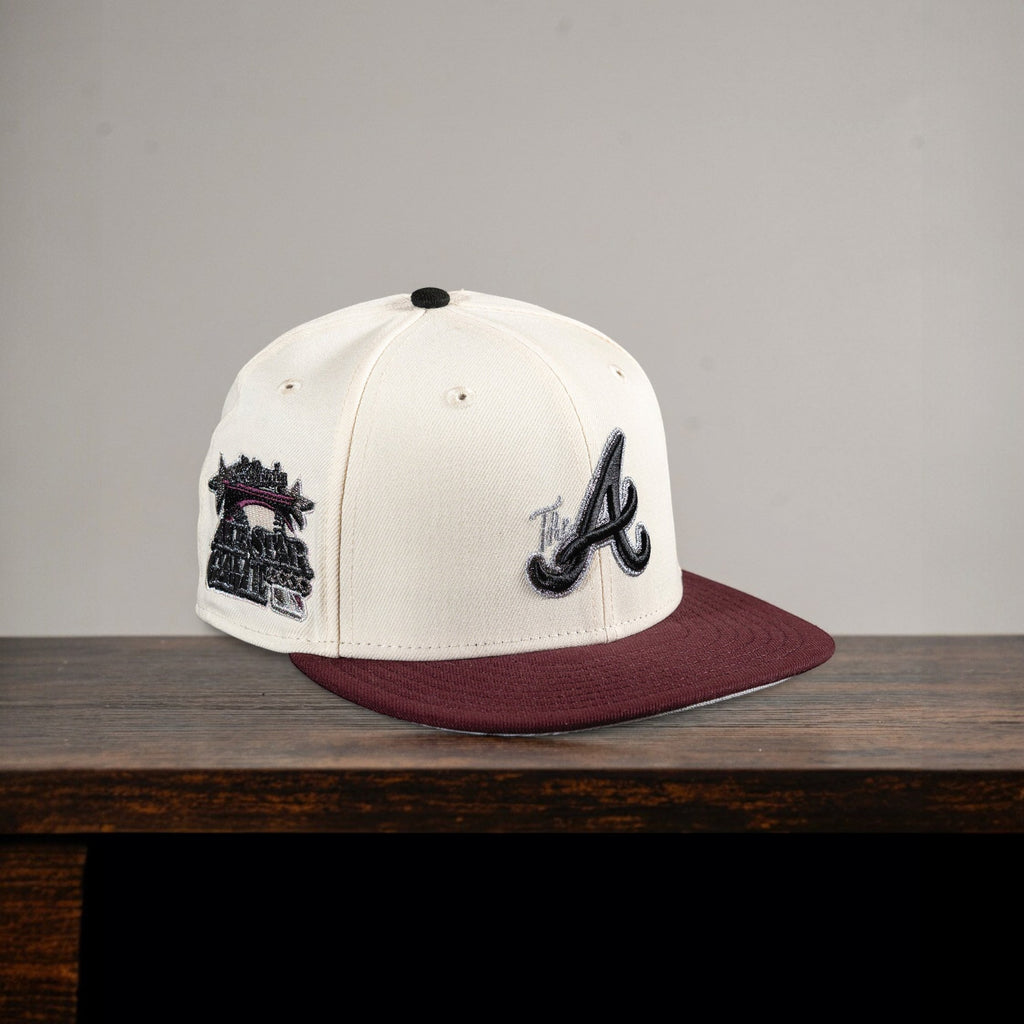 METRO Atlanta Braves 59FIFTY fitted hat in cream with maroon brim and embroidered 'A' logo. Features a Grey UV underbrim.