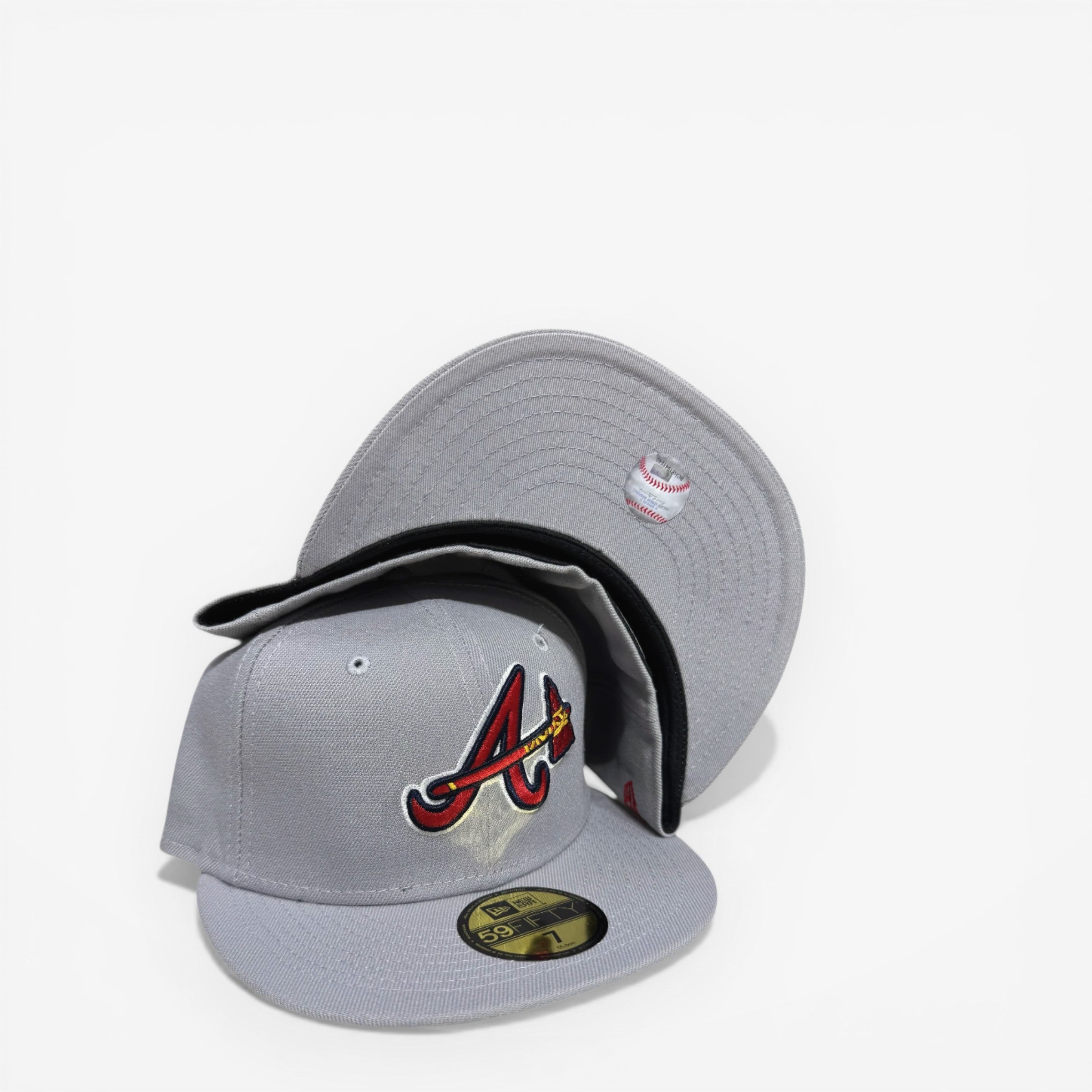 METRO Atlanta Braves 59FIFTY fitted hat in grey with red and yellow embroidered logo and grey UV underbrim.