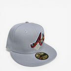 METRO Atlanta Braves 59FIFTY fitted hat in grey with red and yellow embroidered logo and grey UV underbrim.