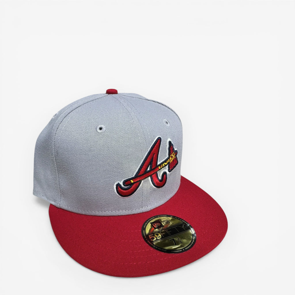 METRO Atlanta Braves 59FIFTY fitted hat in grey with red brim and logo. Features a flat visor and structured crown.
