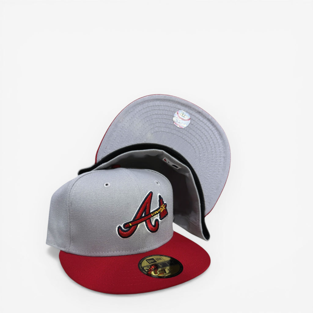METRO Atlanta Braves 59FIFTY fitted hat in grey with scarlet red brim and embroidered 'A' logo. Grey UV underbrim.
