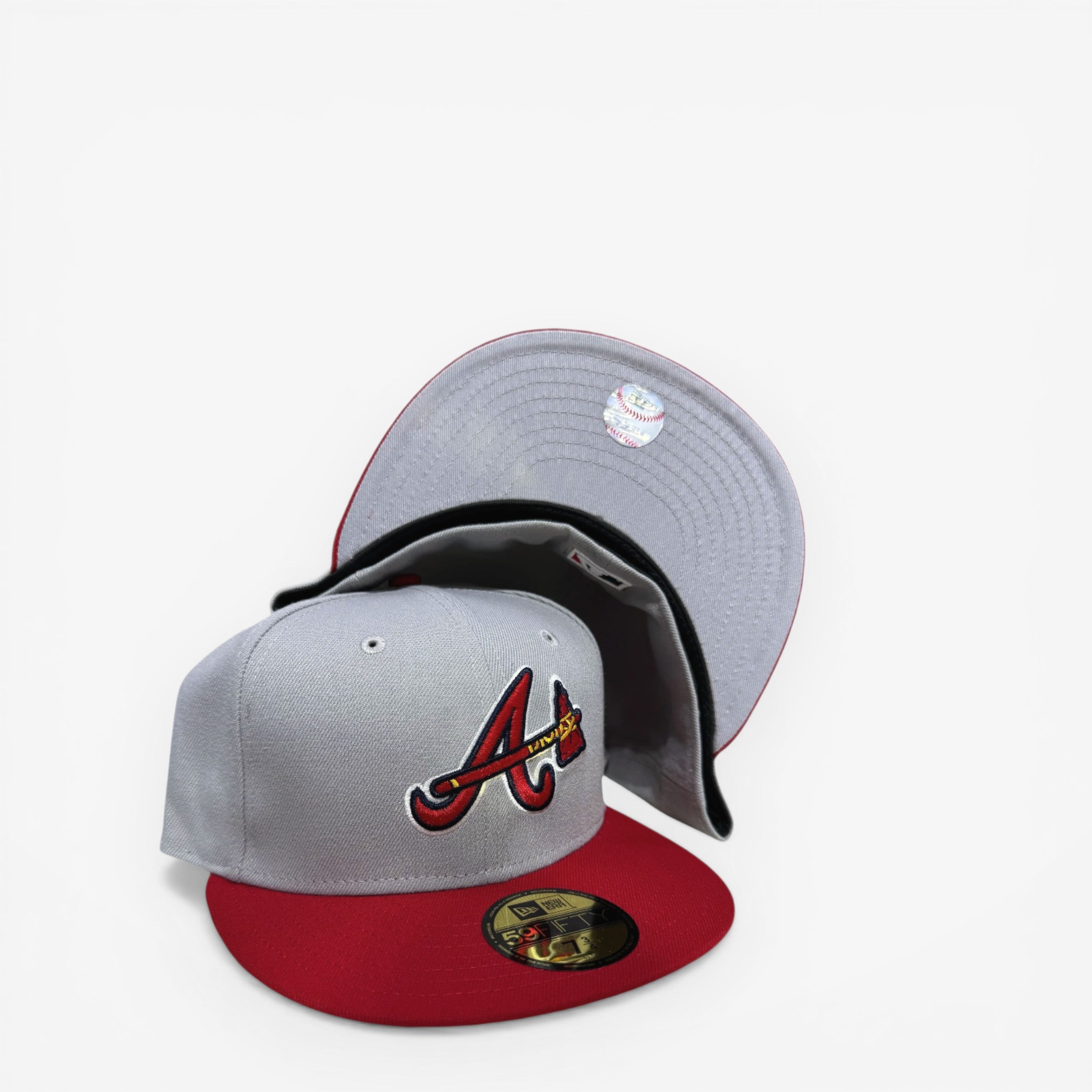 METRO Atlanta Braves 59FIFTY fitted hat in grey with scarlet red brim and embroidered 'A' logo. Grey UV underbrim.
