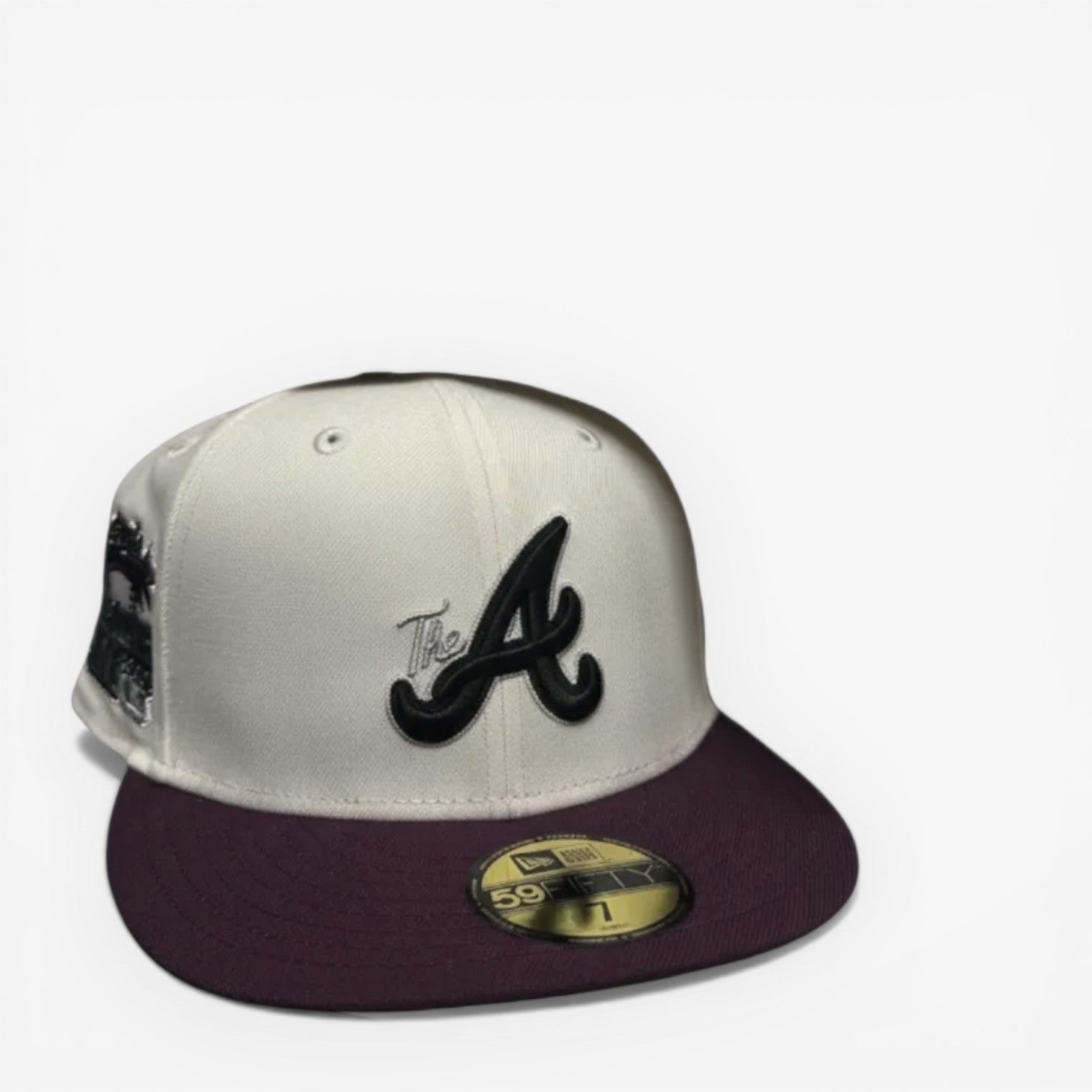 METRO Atlanta Braves 59FIFTY fitted hat in maroon with a grey UV underbrim and black embroidered 'A' logo.