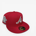 METRO Atlanta Braves red fitted hat with "Welcome to the Show" side patch and light blue underbrim.