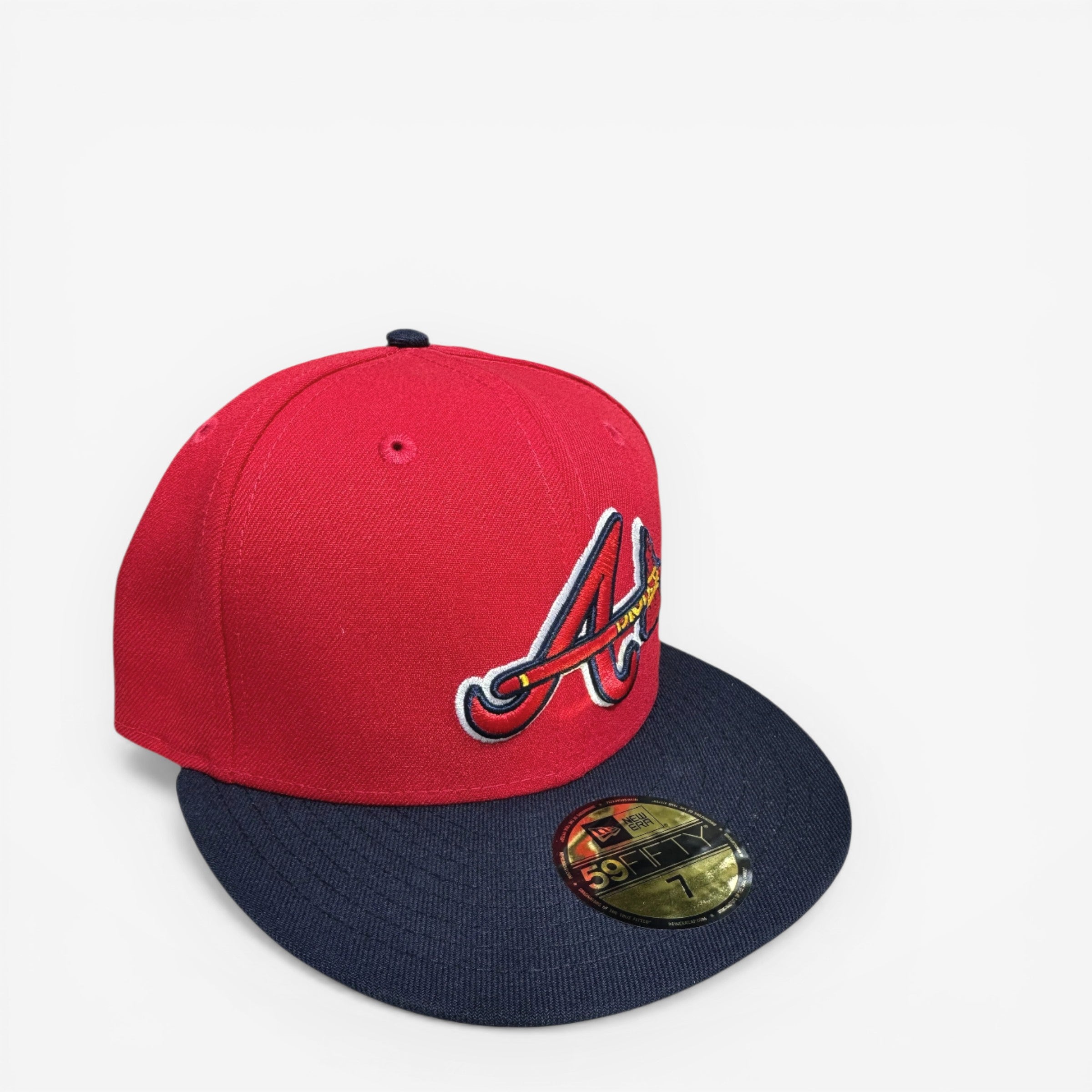 METRO Atlanta Braves red fitted hat with navy brim and embroidered 'A' logo. Features a red UV underbrim.