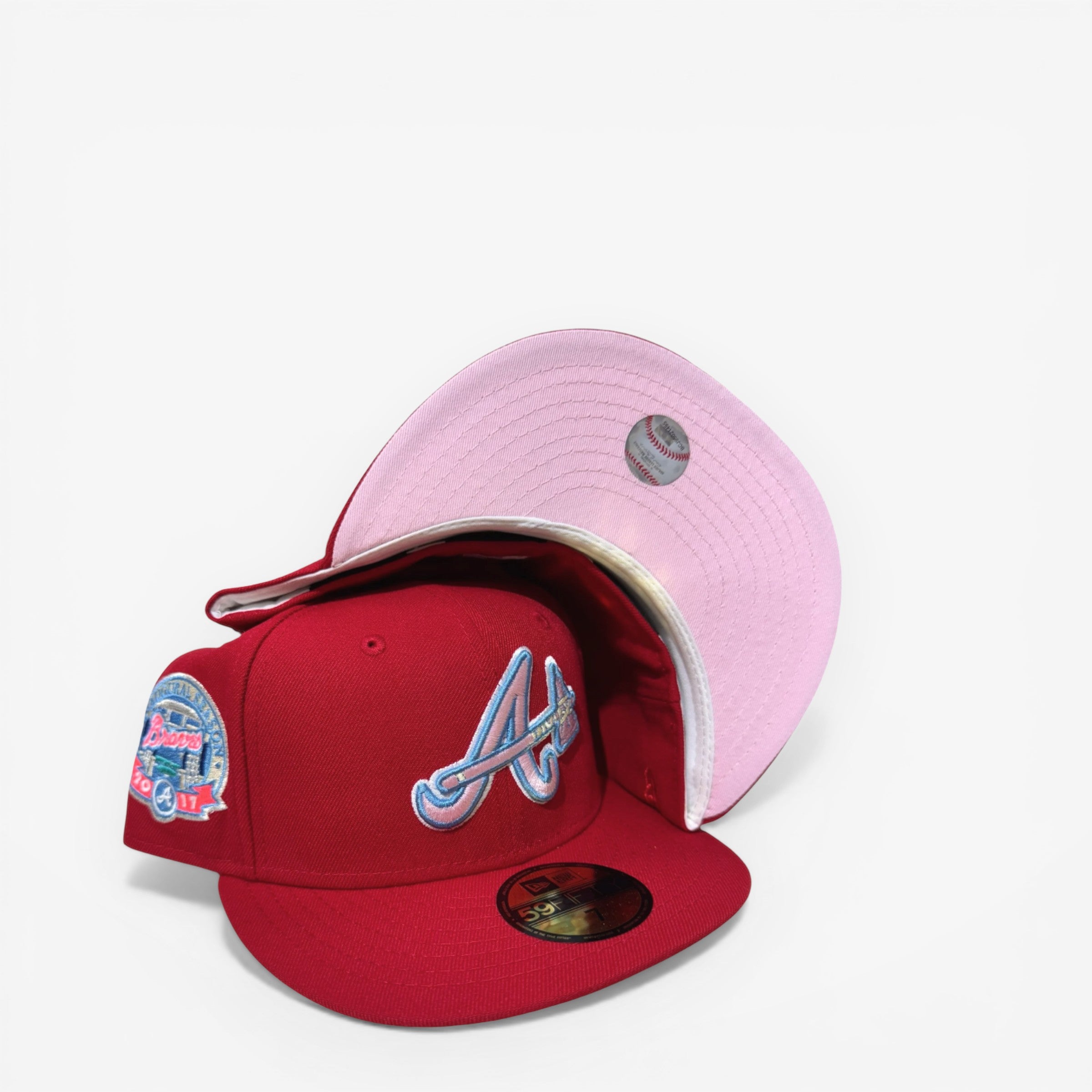 METRO Atlanta Braves 2017 Season red fitted hat with pink UV underbrim and embroidered logo.