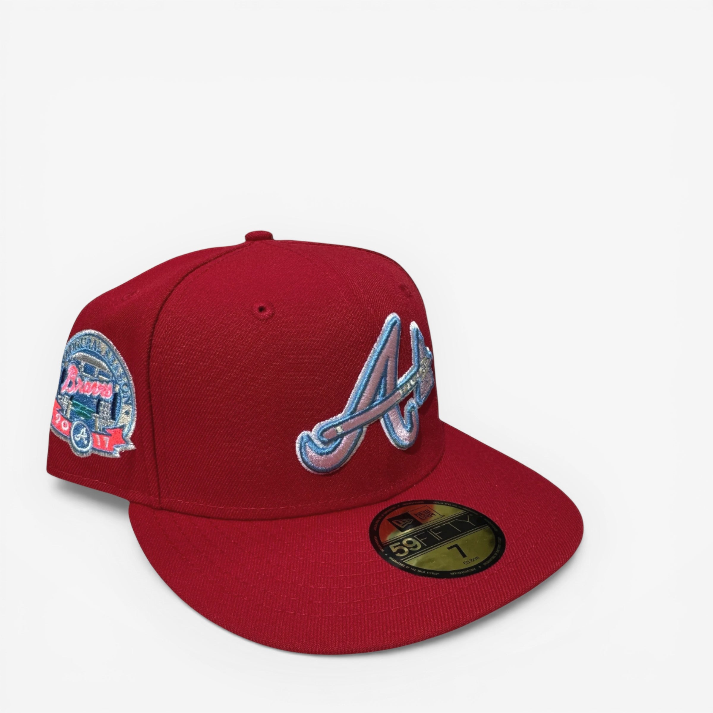 Red New Era fitted cap with Atlanta logo and embroidered patch, hats, fitted caps