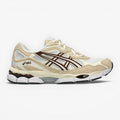 METRO beige and white mesh and suede sneakers with brown accents and gel cushioning.