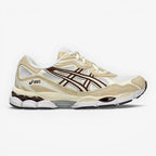 METRO beige and white mesh and suede sneakers with brown accents and gel cushioning.