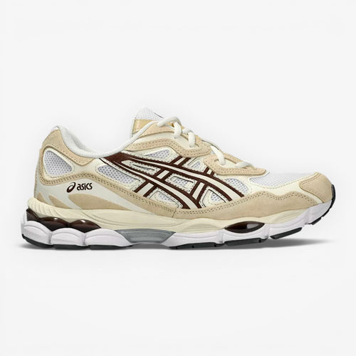 METRO beige and white mesh and suede sneakers with brown accents and gel cushioning.