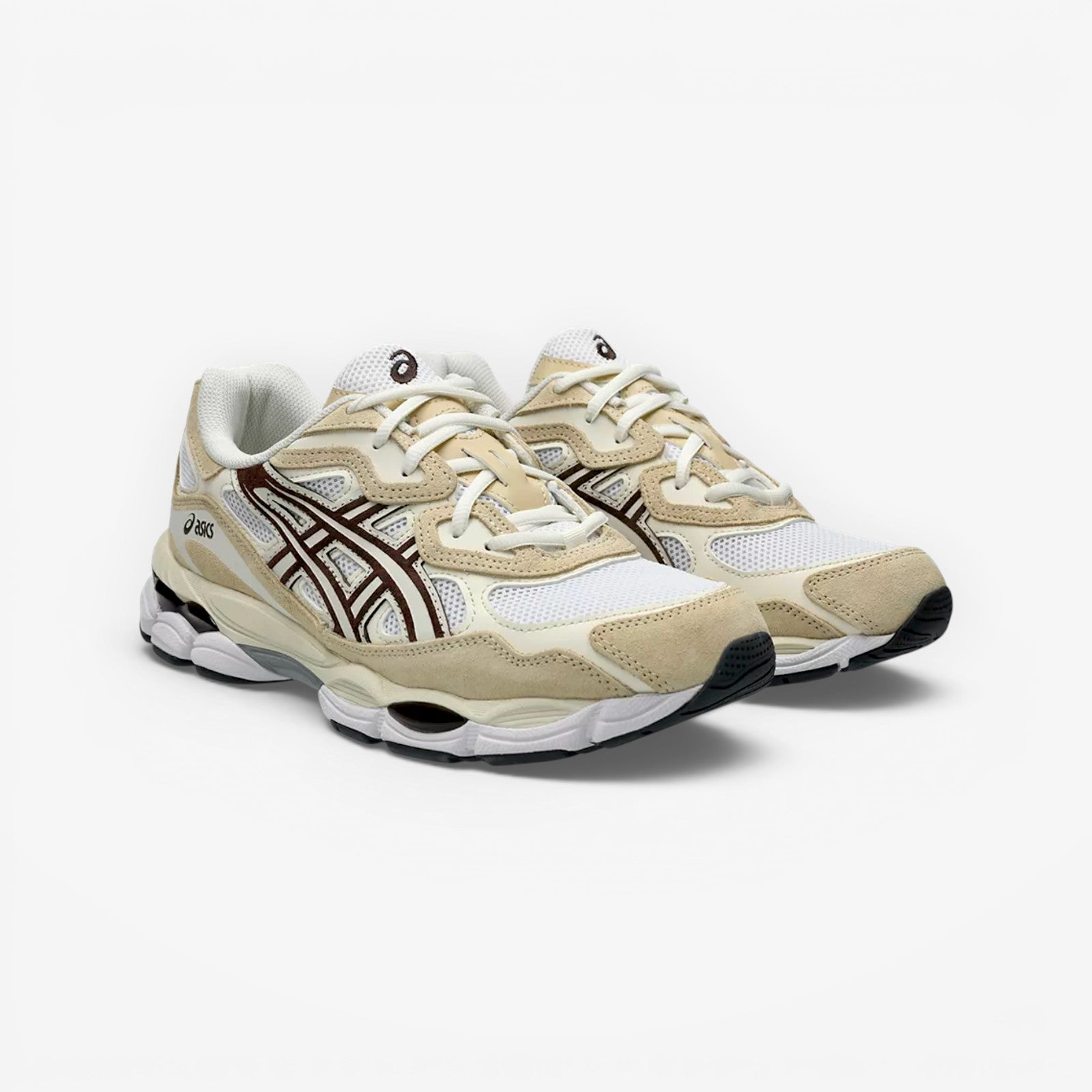 METRO beige and white mesh sneakers with brown accents and ASICS branding.