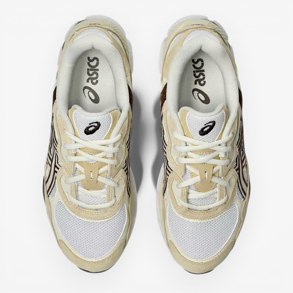 METRO beige and white mesh sneakers with brown accents and lace-up closure.