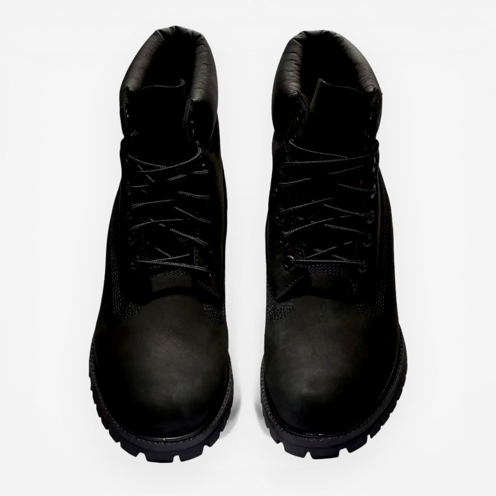 METRO Timberland 6-Inch Premium Waterproof Boots in black leather with padded collar and lug sole.