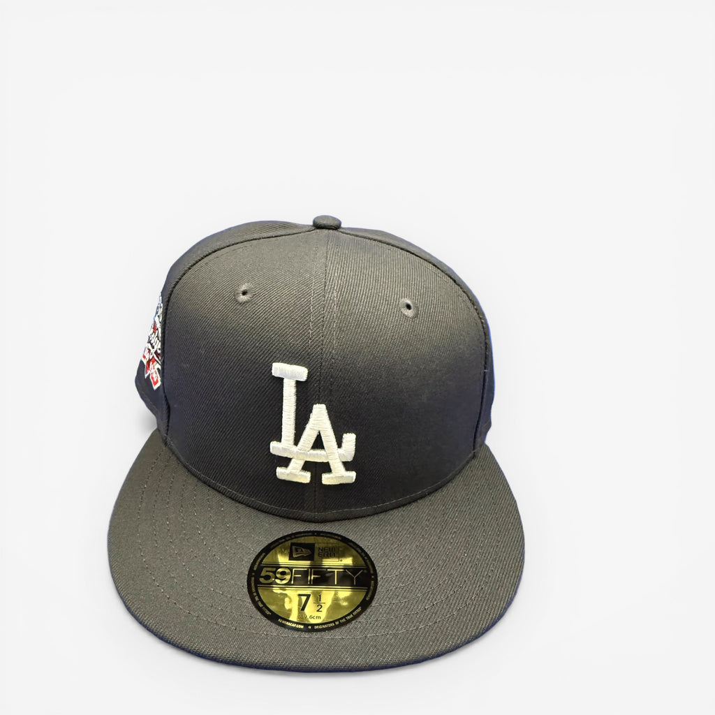 METRO LA Dodgers 100th Anniversary 59FIFTY fitted hat in grey with white LA logo and commemorative side patch.