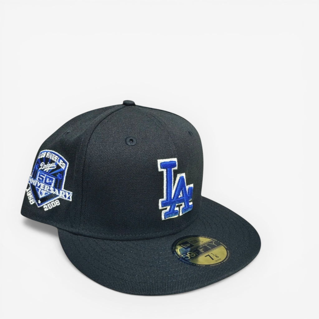 METRO Los Angeles Dodgers 50th Anniversary black fitted hat with blue LA logo and side patch.