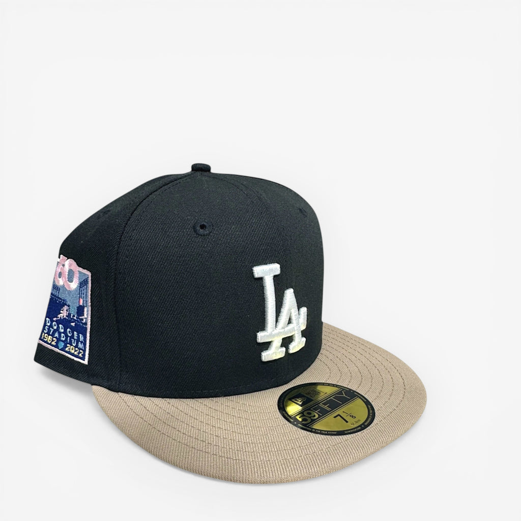 METRO Los Angeles Dodgers 60th Anniversary fitted hat in black with khaki brim and pink UV underbrim. Features LA logo and 60th anniversary patch.