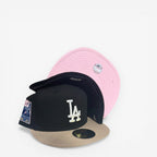 METRO Los Angeles Dodgers 60th Anniversary fitted hat in black with khaki brim and pink UV underbrim. Features iconic LA logo and anniversary patch.