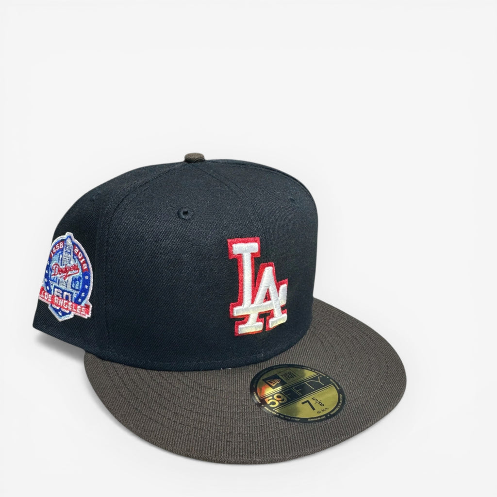 METRO Los Angeles Dodgers 60th Anniversary fitted hat in black with red and white LA logo and pink UV underbrim.
