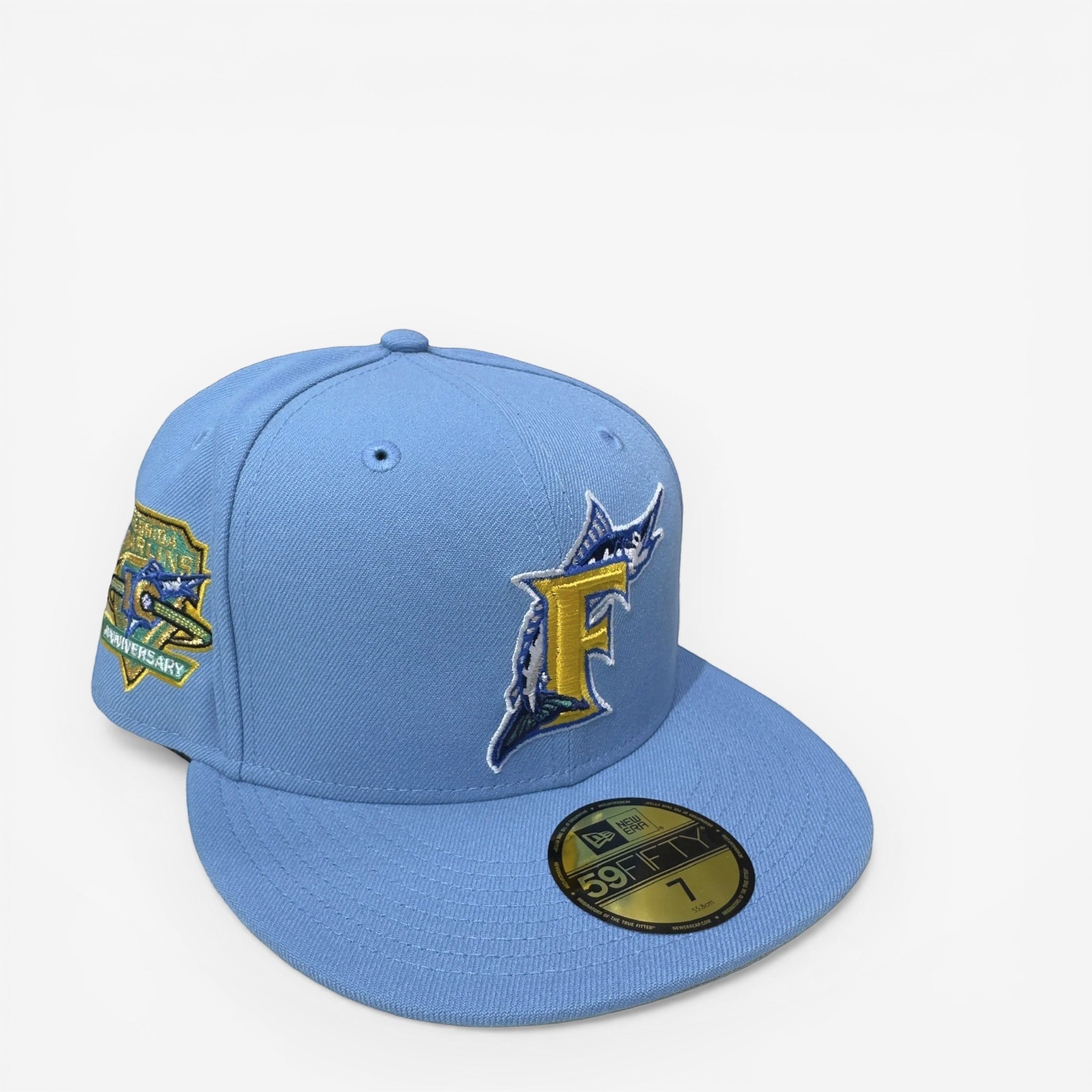 METRO Florida Marlins 10th Anniversary baby blue fitted hat with grey underbrim and commemorative side patch.