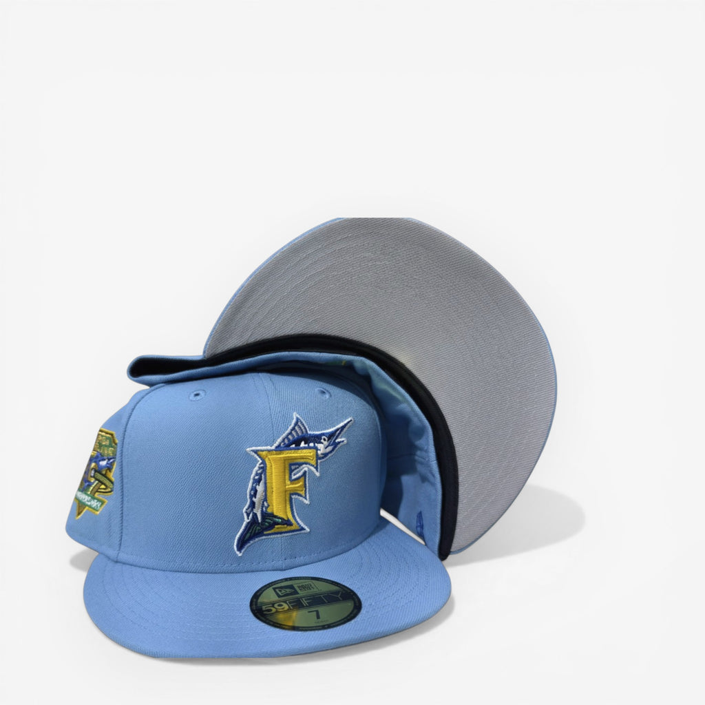 METRO Florida Marlins 10th Anniversary fitted hat in baby blue with yellow F logo and grey underbrim.