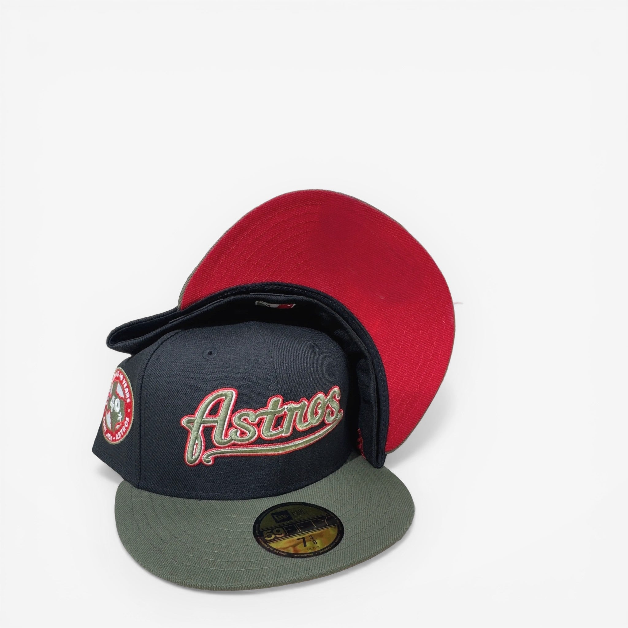 METRO Houston Astros 40th Anniversary fitted hat in black with olive brim and red underbrim. Features embroidered Astros logo and 40th patch.