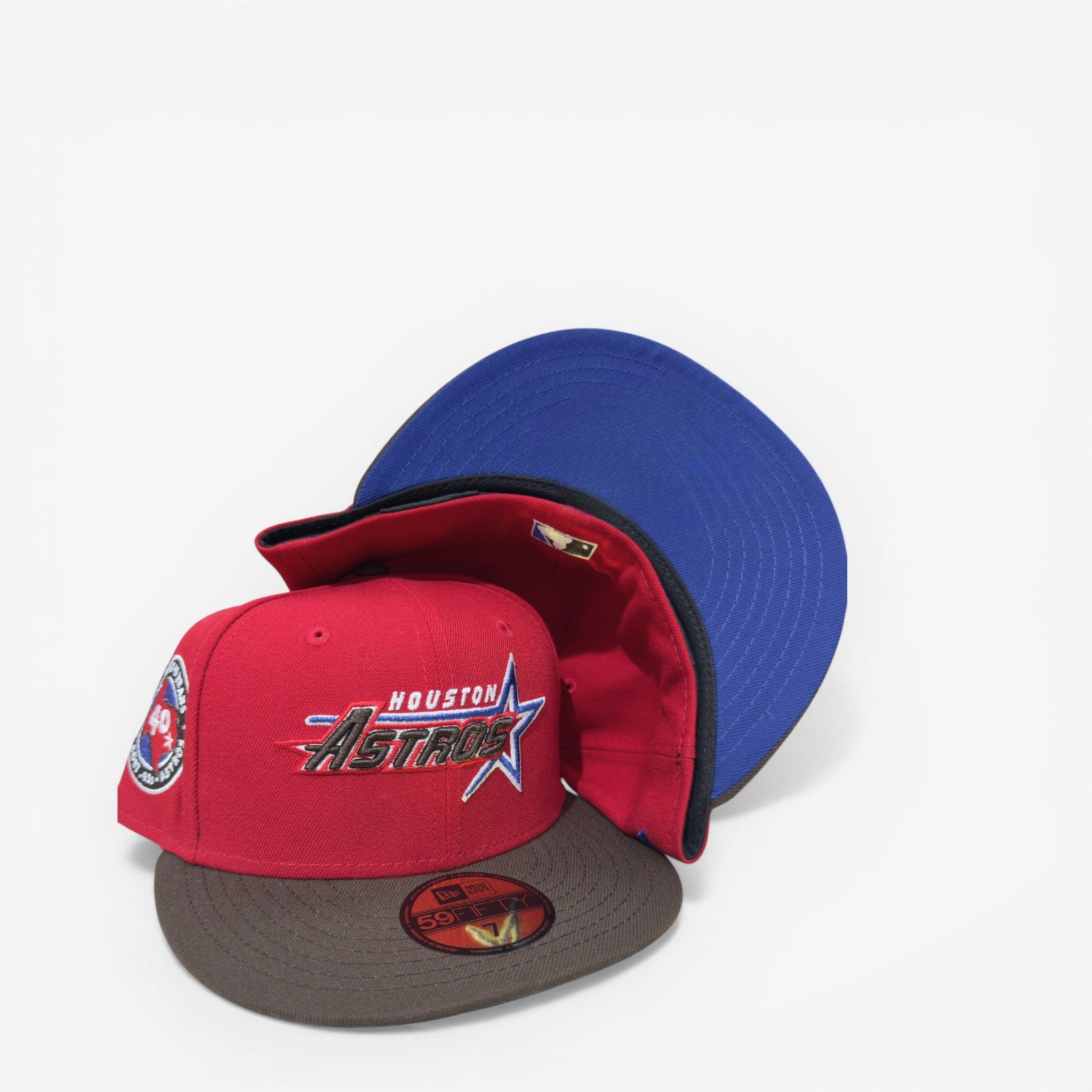 METRO Houston Astros 40th Anniversary fitted hat in red with blue UV underbrim and brown brim. Features 40th Anniversary patch.
