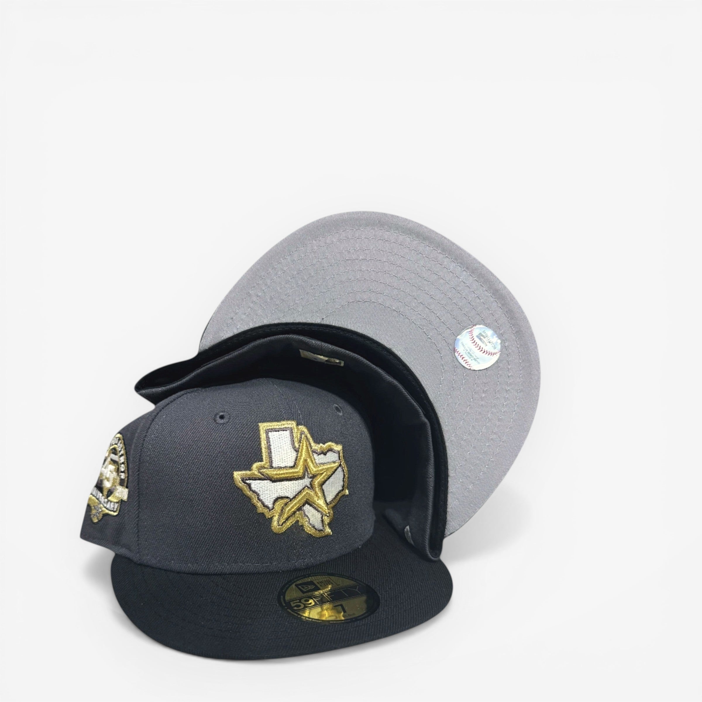 METRO Houston Astros 45th Anniversary black fitted hat with gold star logo and grey UV underbrim. Features commemorative side patch.