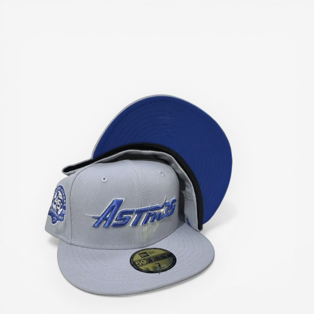 METRO Houston Astros 45th Anniversary fitted hat in grey with blue embroidered logo and side patch. Blue UV underbrim.