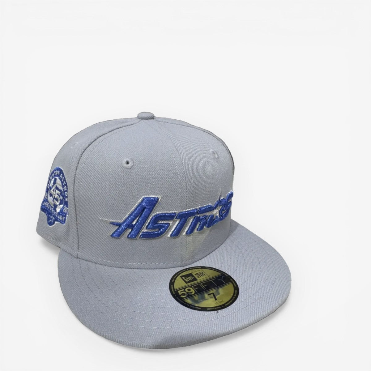 METRO Houston Astros 45th Anniversary fitted hat in grey with blue embroidery and a blue UV underbrim.