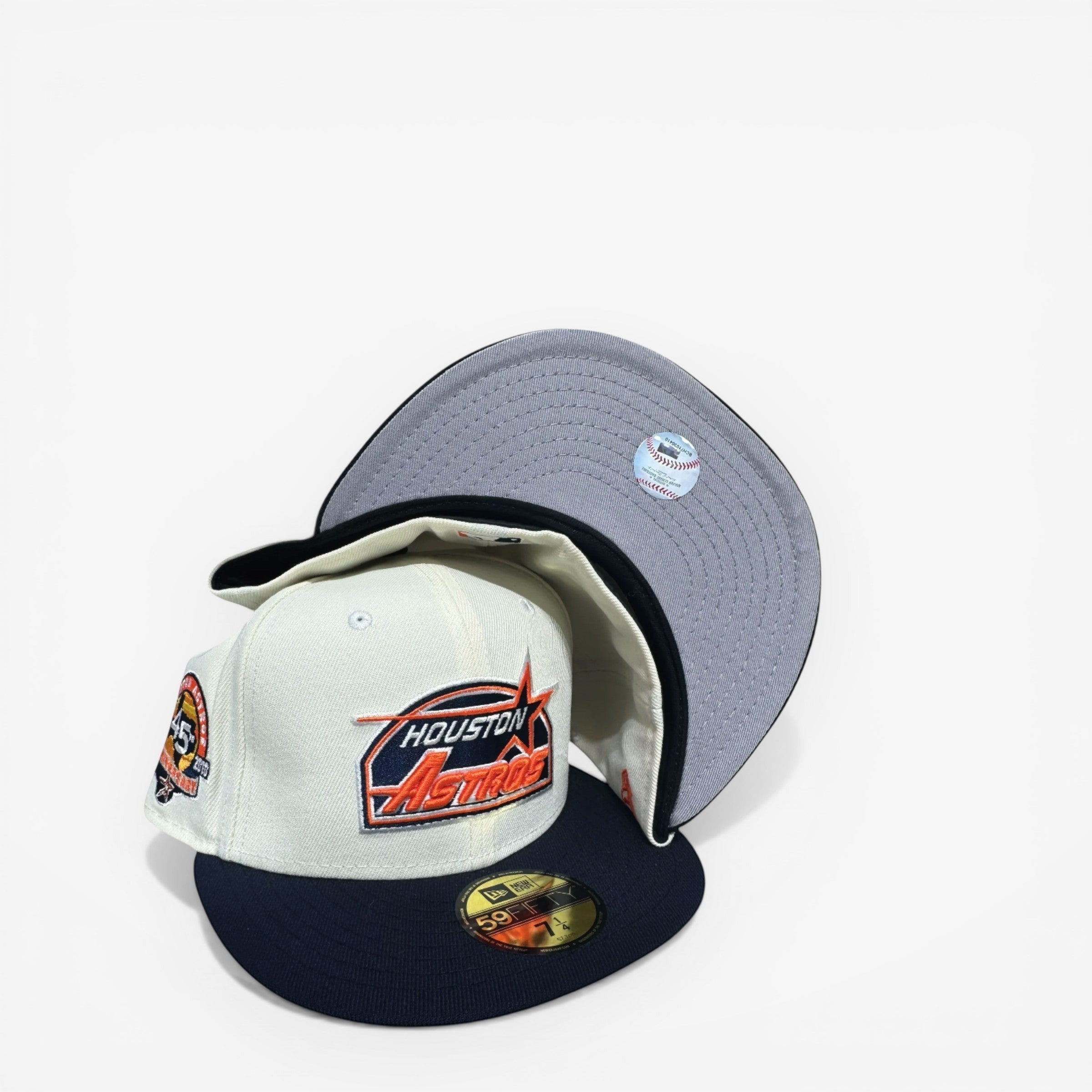 METRO Houston Astros 45th Anniversary fitted hat in chrome and navy with a grey underbrim and commemorative side patch.