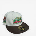 METRO Houston Astros 50 Years New Era 59FIFTY fitted hat in chrome with green and red logo and brown brim.