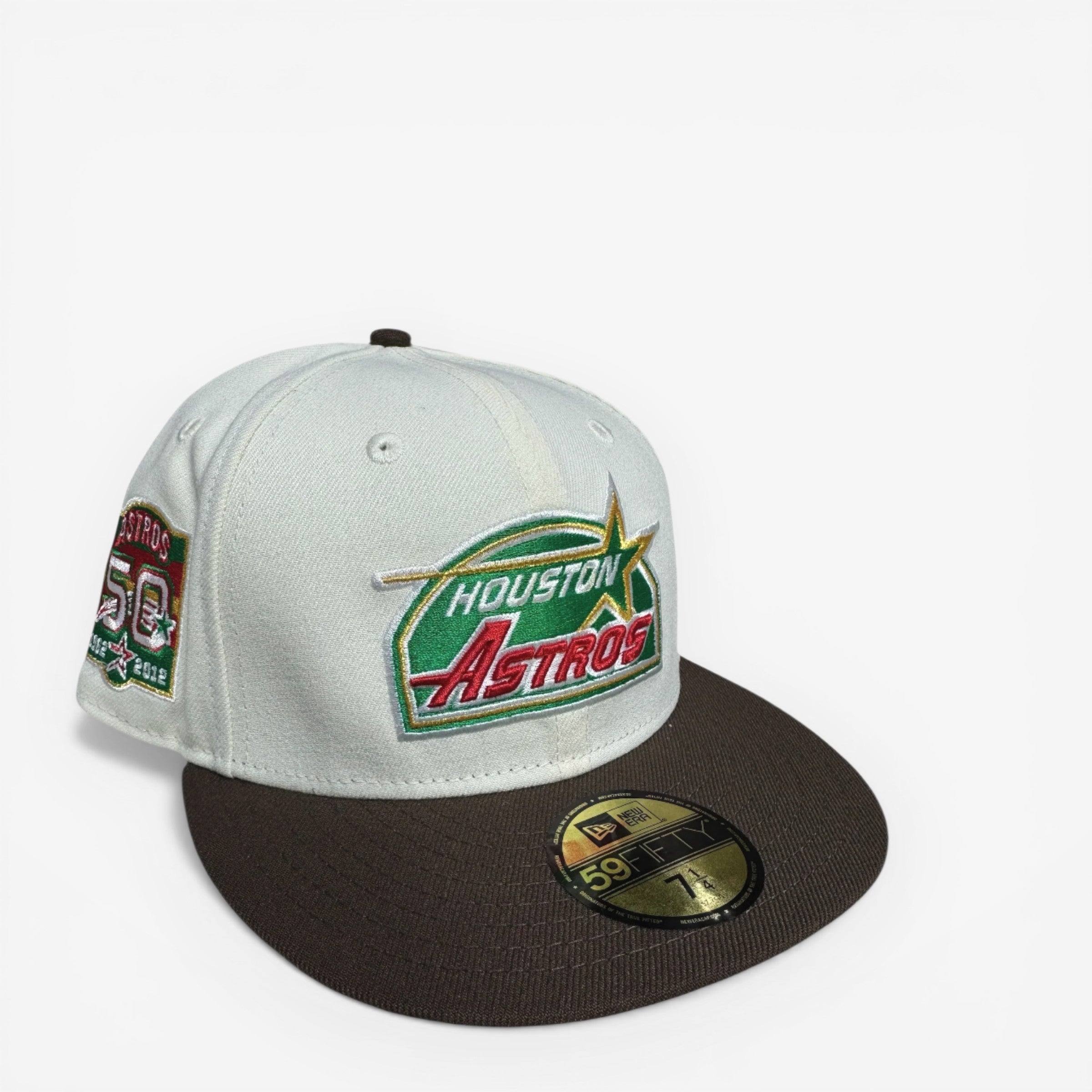 METRO Houston Astros 50 Years New Era 59FIFTY fitted hat in chrome with green and red logo and brown brim.