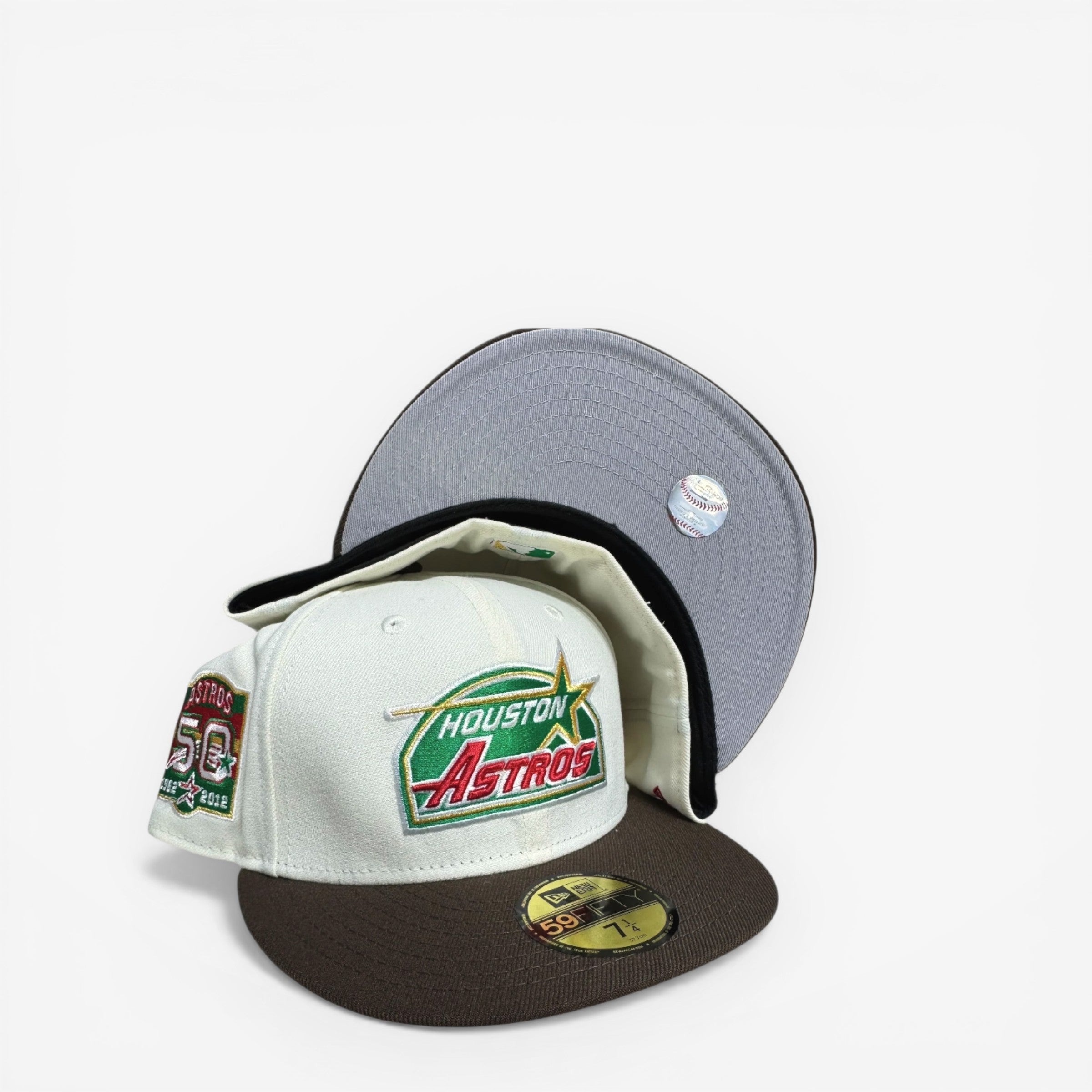 METRO Houston Astros 50 Years Chrome New Era 59FIFTY fitted hat with brown brim and grey UV underbrim.