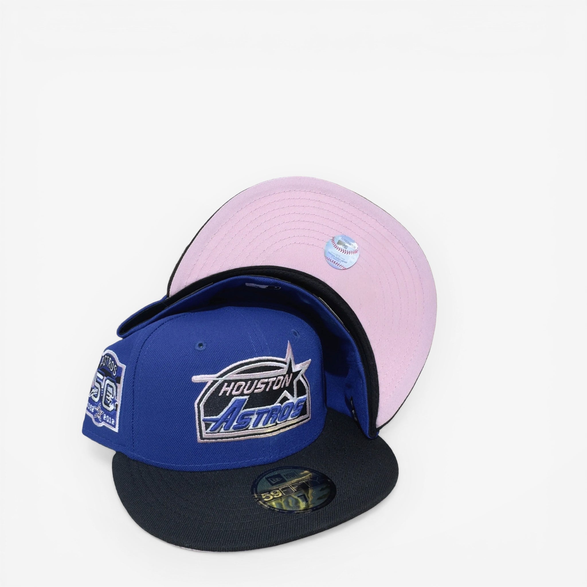 METRO Houston Astros 50th Anniversary fitted hat in blue with pink underbrim and commemorative side patch.
