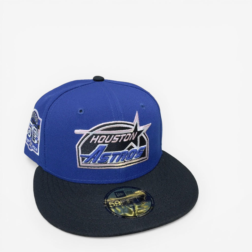 METRO Houston Astros 50th Anniversary blue fitted hat with pink underbrim and embroidered logo. New Era 59FIFTY.
