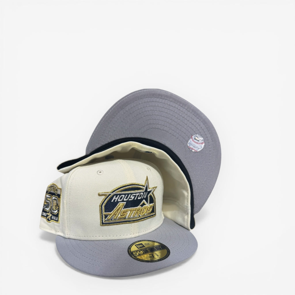METRO Houston Astros 50th Anniversary fitted hat in cream with grey brim and 50th patch. New Era 59FIFTY.