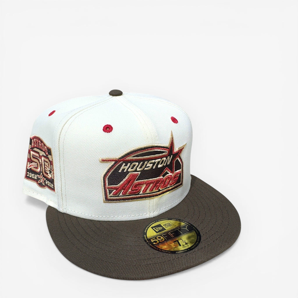 New Era fitted cap, Houston Astros logo, white crown, brown brim, embroidered side patch, hats, Travis Scott