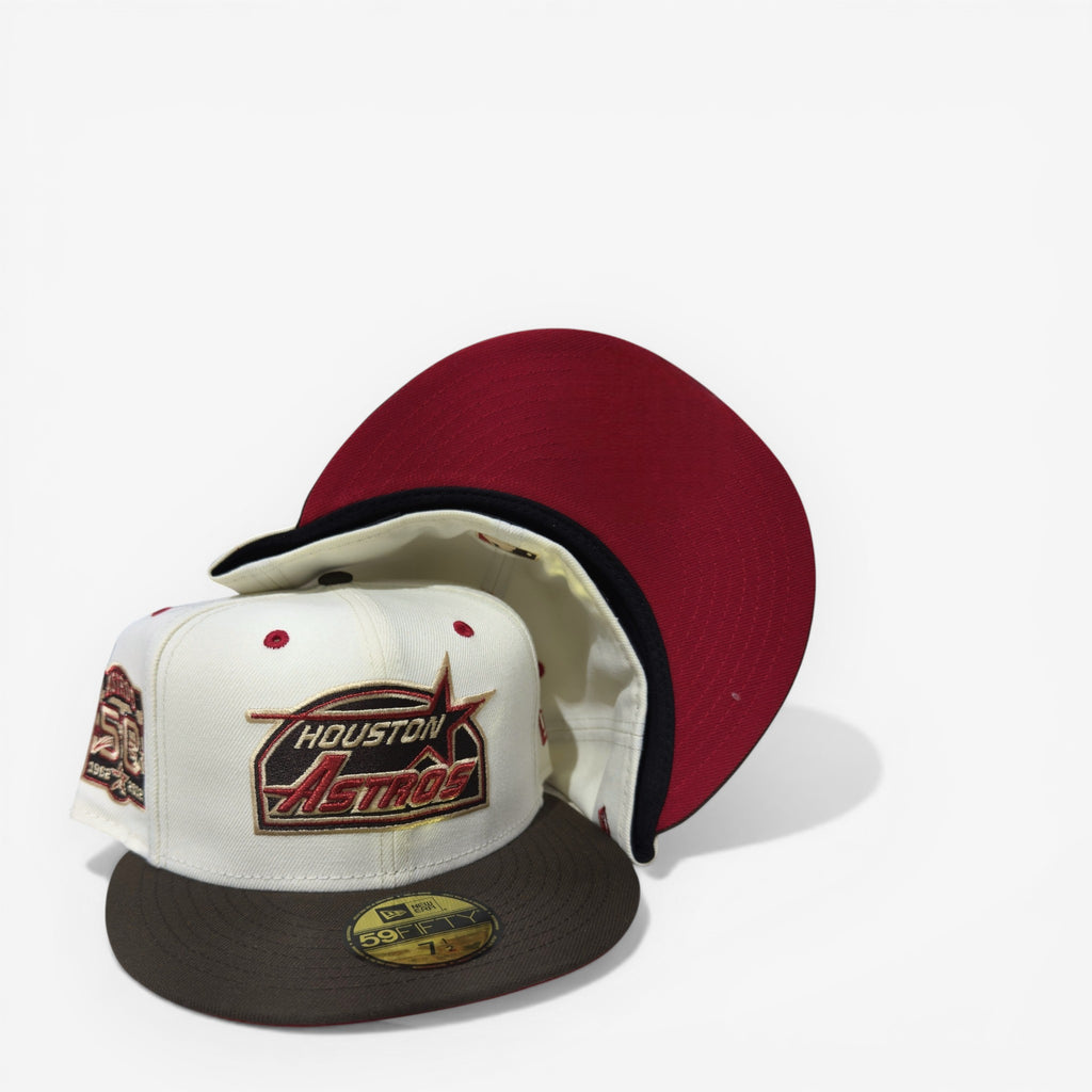 METRO Houston Astros 50th Anniversary fitted hat, cream with brown brim and red UV underbrim. Features commemorative patch and embroidered logo.