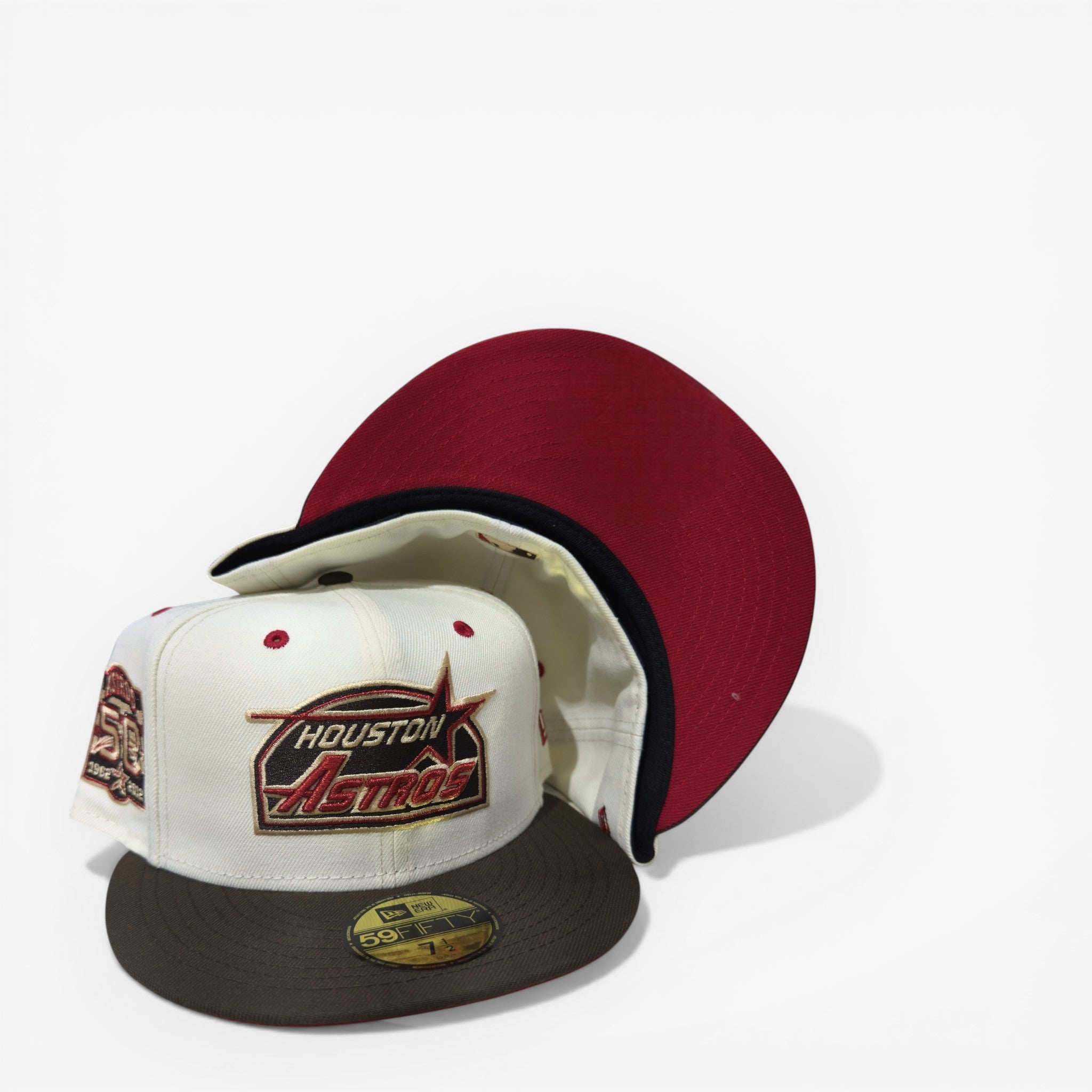 METRO Houston Astros 50th Anniversary fitted hat, cream with brown brim and red UV underbrim. Features commemorative patch and embroidered logo.