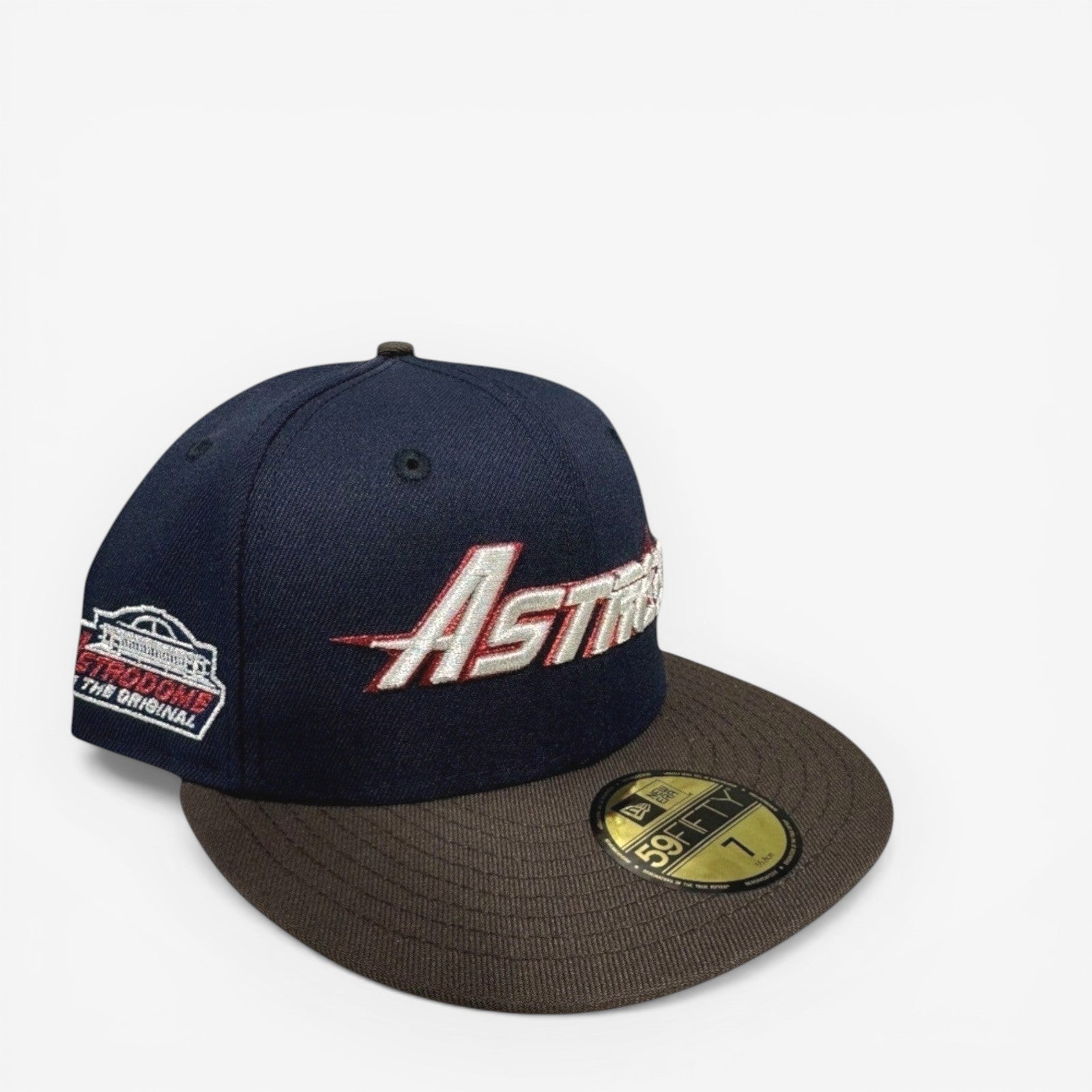 METRO Houston Astros Astrodome New Era 59FIFTY fitted hat in navy with brown brim and red underbrim. Features embroidered Astros logo and Astrodome side patch.