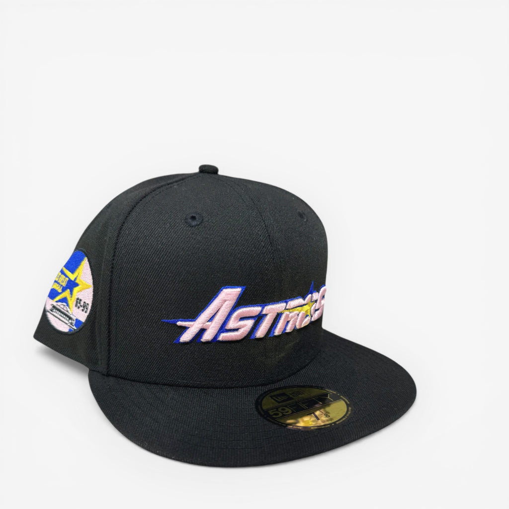 METRO Houston Astros black fitted hat with pink UV underbrim and 35 Great Years side patch. New Era 59FIFTY silhouette.